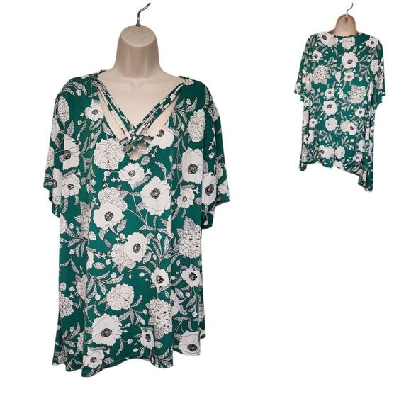 CATO EST 1946 V-Neck Short Sleeve 3D Floral Tunic Green/White Blouse 26/28W - Picture 1 of 7